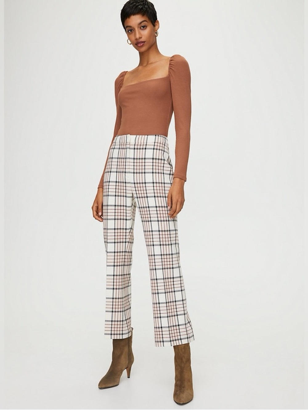 Aritzia Wilfred Cream Espace Genie Check Flared Trouser Pants Size 8